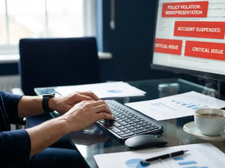 Marketing-Experte überprüft Google Ads-Richtlinienverstöße auf Monitor mit roten Warnmeldungen am modernen Büroarbeitsplatz