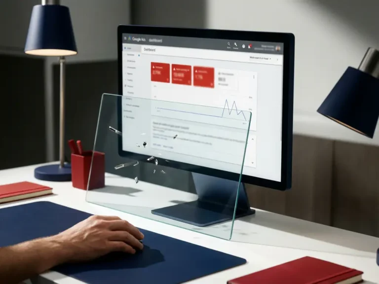 Computermonitor mit Google Ads Dashboard und roten Warnmeldungen, geschützt durch Glasschild das metallische Projektile abwehrt