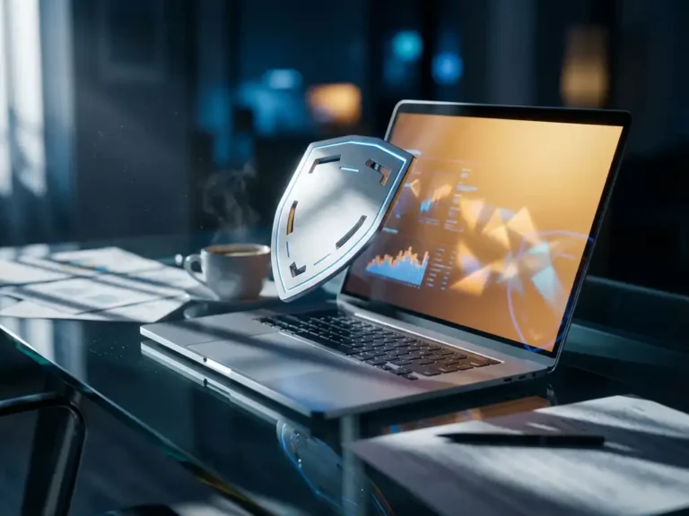 Moderner Laptop mit Google Ads Dashboard auf Glasschreibtisch, metallischer Schutzschild schwebt über Tastatur