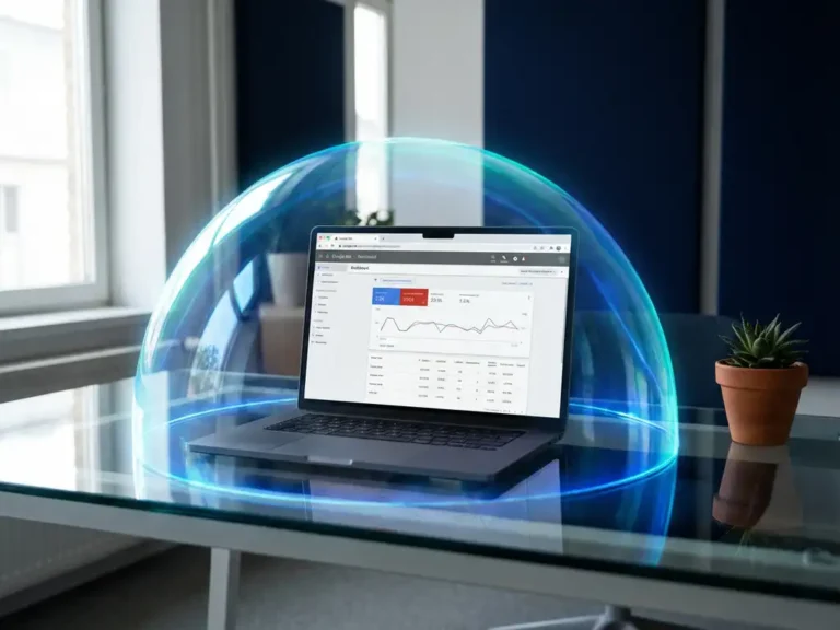 Laptop mit Google Ads Dashboard auf Glasschreibtisch, umgeben von leuchtender blauer digitaler Schutzbarriere