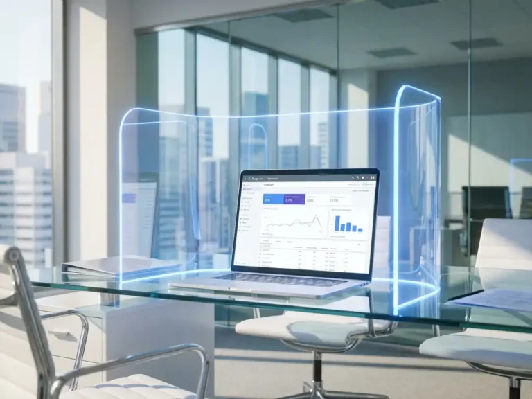 Laptop mit Google Ads Dashboard hinter transparentem Schutzschild auf Glasschreibtisch in modernem Büro