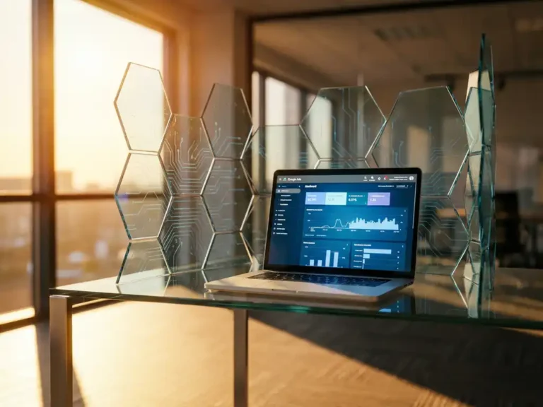 Laptop mit Google Ads Dashboard hinter transparentem Sechseck-Schutzschild auf Glasschreibtisch im modernen Büro