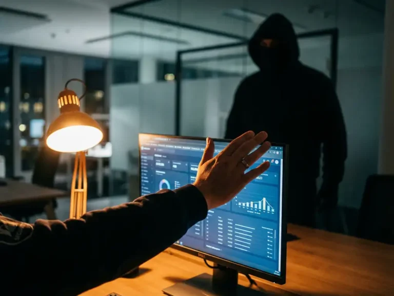 Sicherheitsbeamter schützt Google Ads Dashboard vor schattenhafter Gestalt in deutschem Büro mit dramatischer Beleuchtung