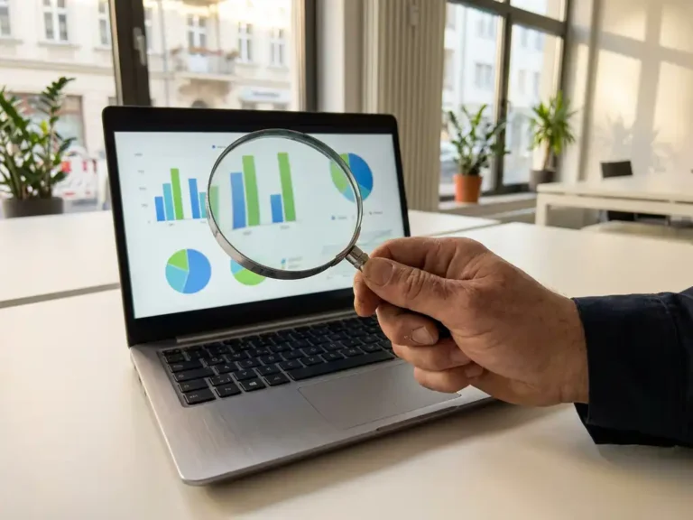 Sicherheitsbeamter hält Lupe über Laptop mit bunten Google Ads Kampagnen-Diagrammen auf weißem Schreibtisch im deutschen Büro