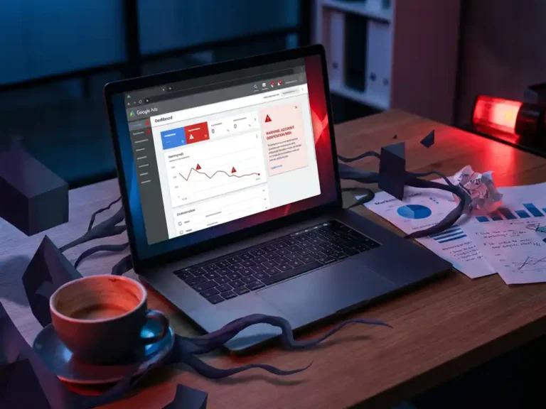 Laptop mit Google Ads Dashboard zeigt Warnmeldungen, umgeben von dunklen geometrischen Bedrohungsformen auf Marketingschreibtisch