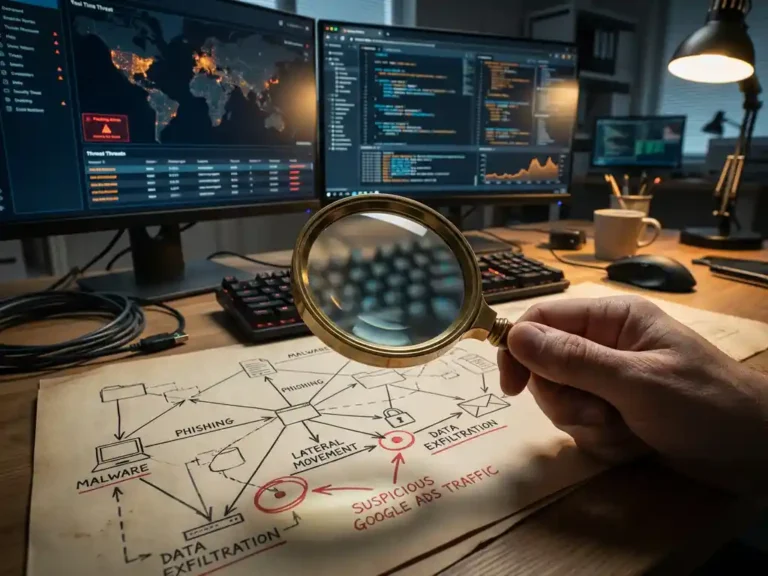 Sicherheitsanalyst untersucht Netzwerkdiagramm mit Lupe, rote Warnhinweise markieren verdächtige Google Ads-Traffics auf Monitoren