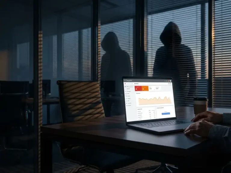 Laptop mit Google Ads Dashboard und roten Warnmeldungen auf Schreibtisch, umgeben von schattenhaften Gestalten im Büro