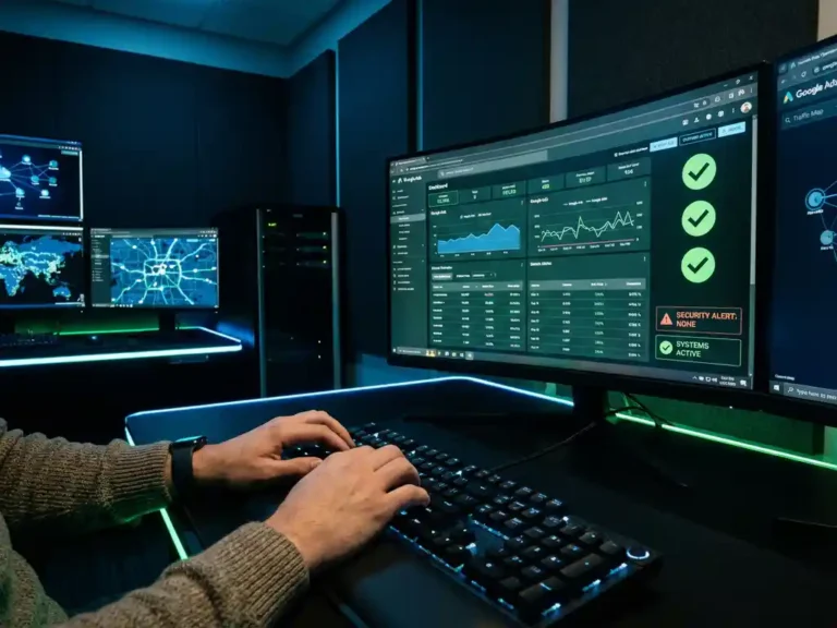 Cybersecurity-Analyst tippt auf Tastatur vor Monitor mit Google Ads-Kampagnendaten und grünen Sicherheitsindikatoren