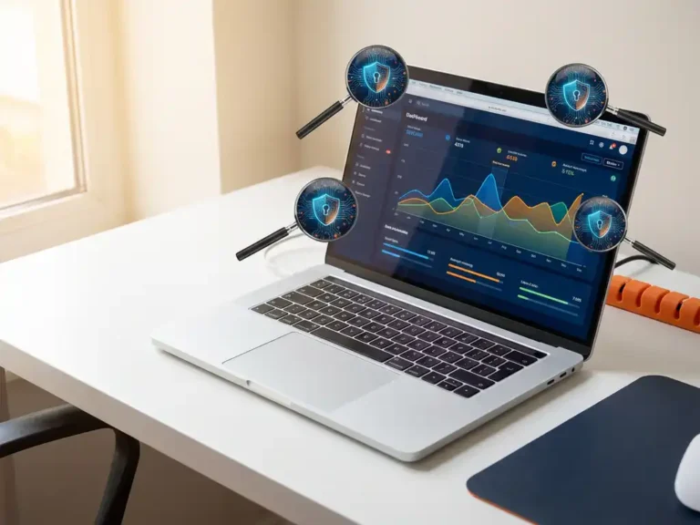 Laptop mit Google Ads Dashboard und Lupengläsern, die Sicherheitsmuster auf dem Bildschirm untersuchen, auf modernem Schreibtisch