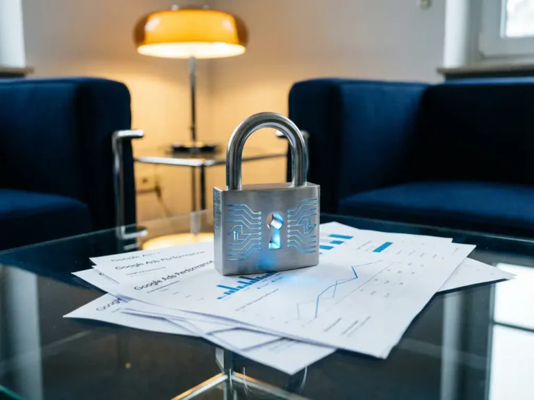 Silbernes Vorhängeschloss mit digitalen Schaltkreismustern auf Google Ads Leistungsberichten, blaues Schlüsselloch-Licht