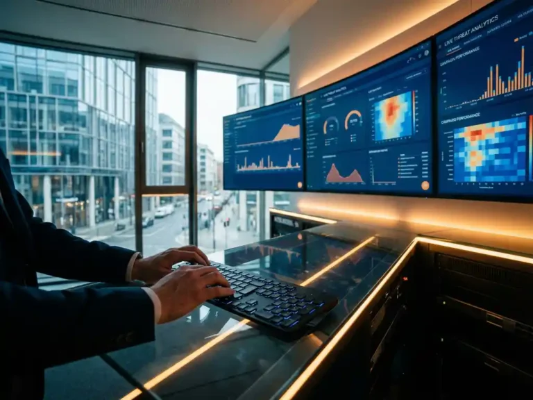 Cybersecurity-Spezialist arbeitet an gekrümmten Monitoren mit Google Ads-Daten und Bedrohungsanalysen in modernem deutschen Büro