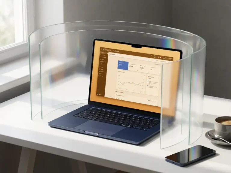 Laptop mit Google Ads Dashboard umgeben von durchscheinenden Sicherheitsschichten aus Milchglas auf weißem Schreibtisch