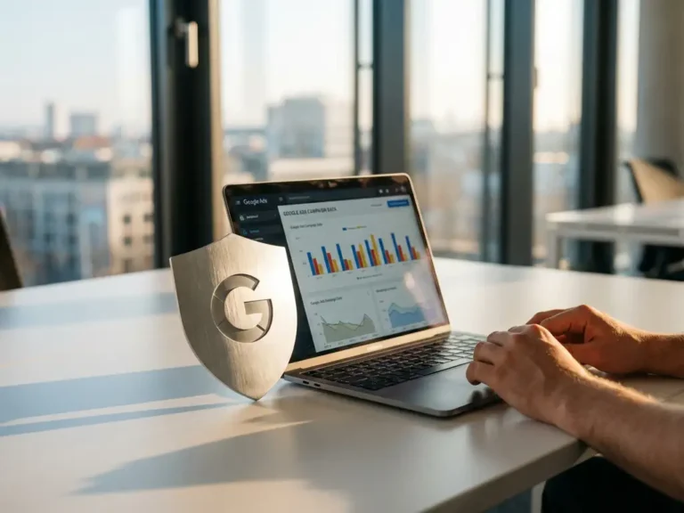Metallschild schützt Laptop mit Google Ads-Kampagnendaten auf weißem Schreibtisch im modernen deutschen Büro