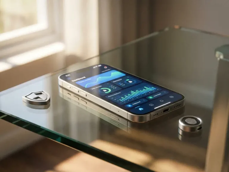 Smartphone mit Google Ads Dashboard auf Glastisch neben Metallschild und Fingerabdruckscanner bei warmem Fensterlicht