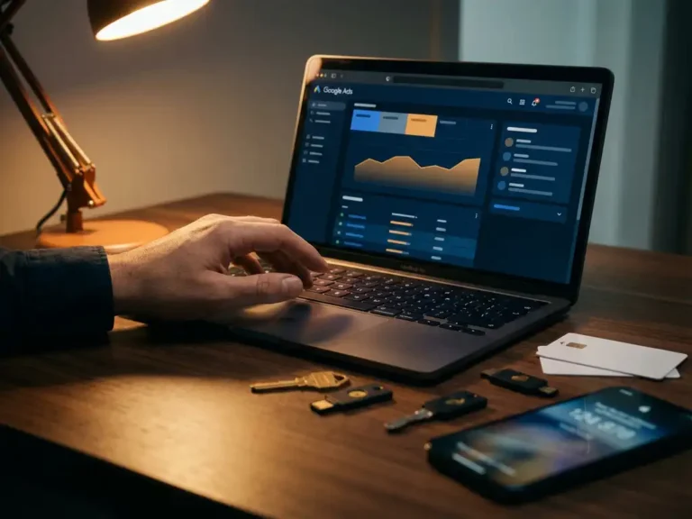 Professionelle Hand über Laptop-Tastatur mit Google Ads Dashboard, Sicherheitsschlüssel und Smartphone mit Zwei-Faktor-Authentifizierung auf dunklem Holzschreibtisch