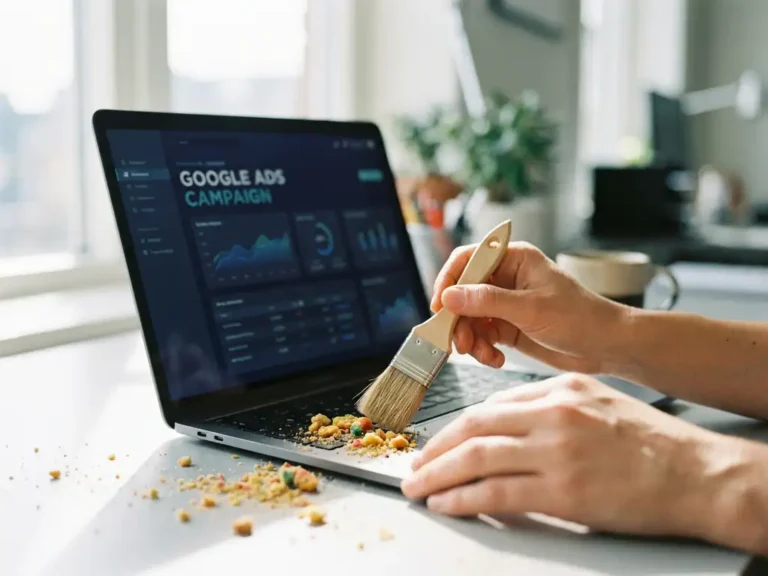 Laptop mit Google Ads Interface und Kekskrümeln auf Tastatur, die mit kleiner Bürste weggefegt werden