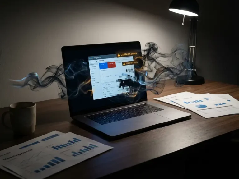 Laptop mit Google Ads Dashboard wird von dunklen digitalen Ranken umhüllt, die Zero-Day-Bedrohungen in Werbekampagnen symbolisieren