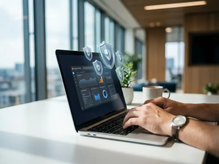 Laptop mit Google Analytics Dashboard und Datenschutz-Symbolen auf modernem weißem Schreibtisch in deutschem Büro