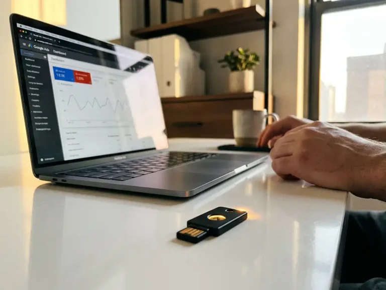 Schwarzer Hardware-Sicherheitsschlüssel auf weißem Schreibtisch neben Laptop mit Google Ads Dashboard