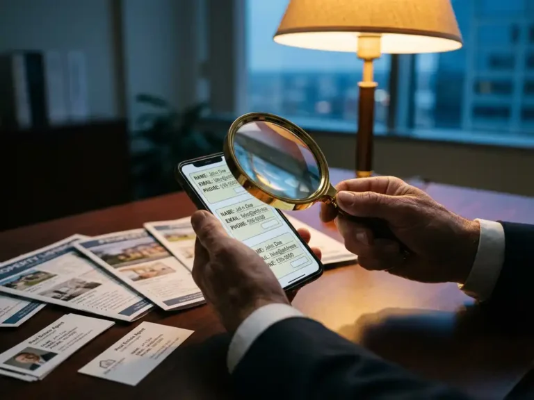 Immobilienmakler hält Lupe über Smartphone mit verdächtigen Kontaktformularen, Visitenkarten und Objektlisten auf dunklem Holztisch