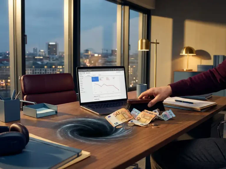 Deutscher Immobilienmakler-Schreibtisch mit Euro-Banknoten, die in digitalen Wirbel verschwinden, Laptop zeigt Google Ads Dashboard