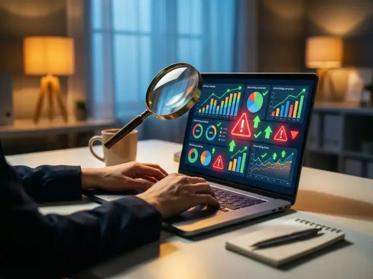 Lupe über Laptop-Bildschirm mit bunten Werbekampagnen-Metriken und roten Warnhinweisen zwischen grünen Datenpunkten