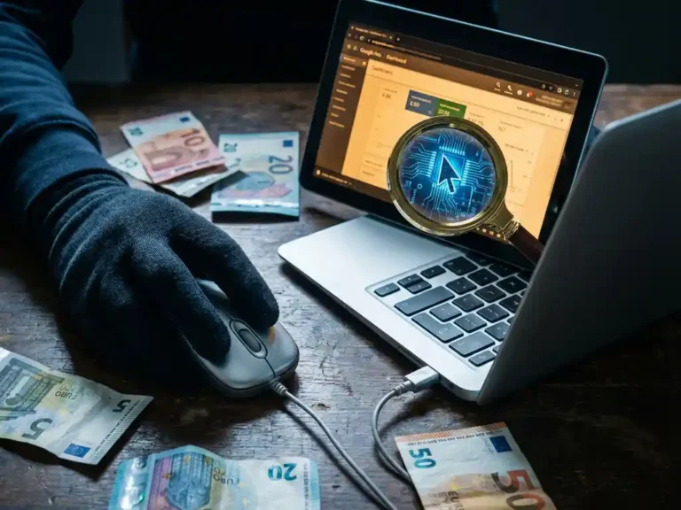 Hand klickt auf Computermaus neben Laptop mit Google Ads Dashboard, umgeben von Euro-Banknoten auf dunklem Holztisch