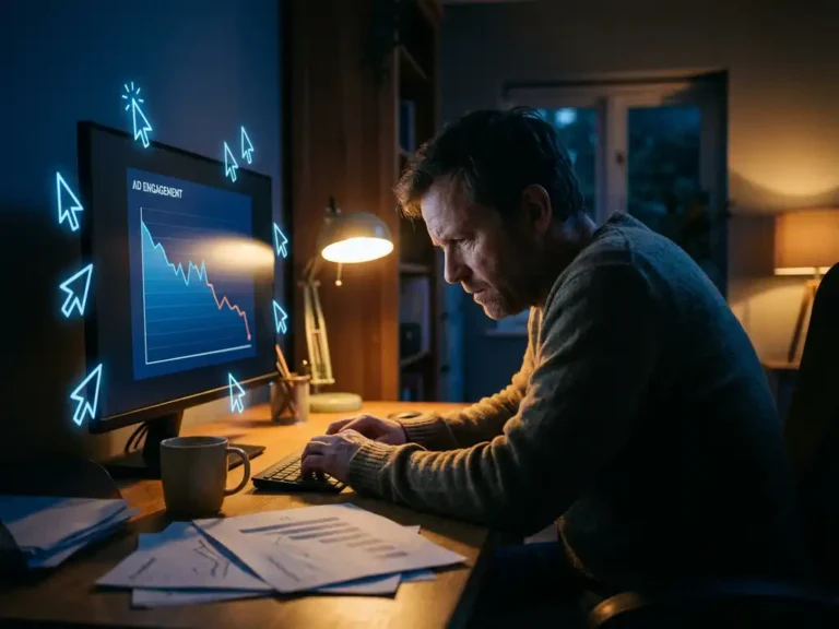 Kleinunternehmer blickt besorgt auf Computerbildschirm mit sinkenden Werbemetriken, während betrügerische Mauszeiger um den Monitor kreisen