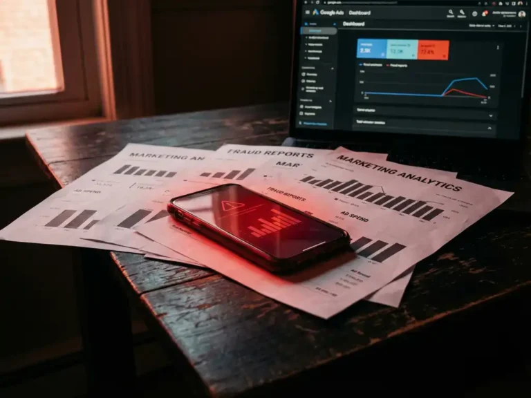 Smartphone mit roter Warnüberlagerung auf dunklem Holzschreibtisch, umgeben von Marketing-Analysen und Laptop mit Google Ads Dashboard