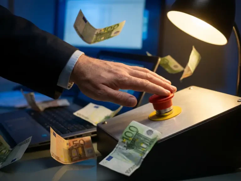 Geschäftsmann greift nach rotem Notfall-Stopp-Button während Euro-Banknoten vom modernen Bürotisch wegfliegen