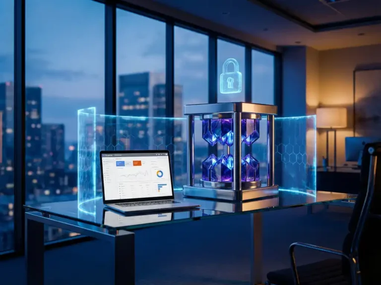 Quantencomputer mit kristallinen Prozessoren neben Laptop mit Google Ads Dashboard, umgeben von holografischen blauen Sicherheitsschildern und digitalem Vorhängeschloss in modernem Büro