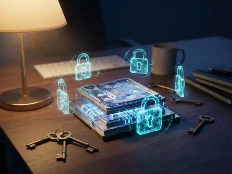 Quantencomputer-Prozessor mit kristallinen Schaltkreisen auf Bürotisch, umgeben von holografischen Schloss-Symbolen und Messingschlüsseln