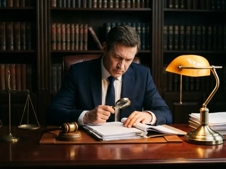 Geschäftsmann in dunklem Anzug prüft Rechtsdokumente an Mahagoni-Schreibtisch mit Richterhammer und Waage