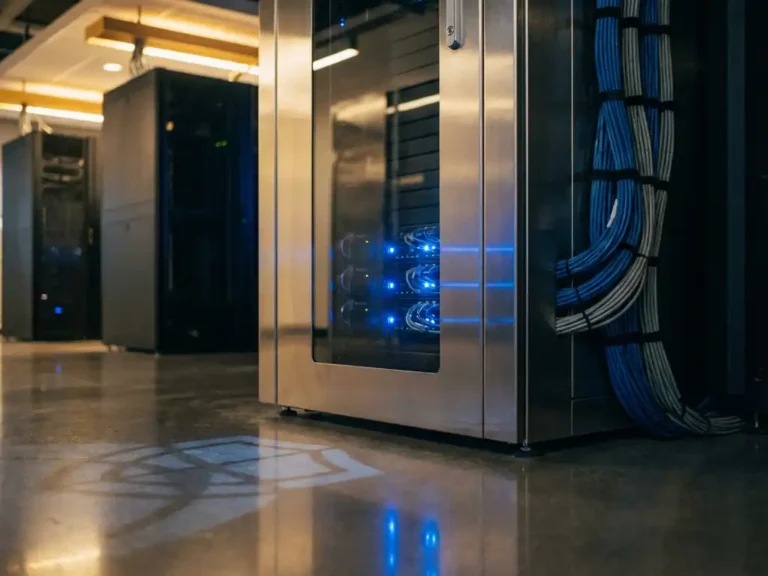 Serverrack mit blauen LED-Anzeigen in modernem Rechenzentrum, Glasschutzpaneele und organisierte Ethernet-Kabel