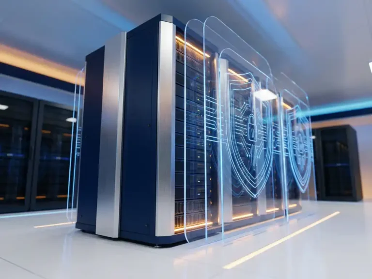 Serverrack mit mehrschichtigen transparenten Schutzschirmen in modernem Rechenzentrum, blaue Sicherheitsmuster und Ambientebeleuchtung