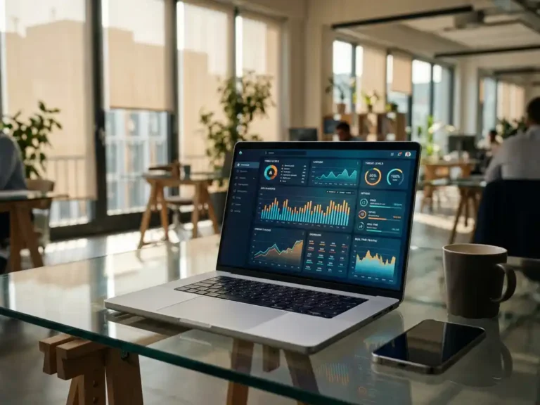Laptop mit buntem Analytics-Dashboard für Sicherheitsmetriken auf Glastisch in hellem deutschen Büro