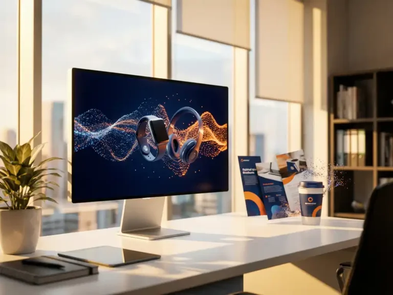 Computer-Monitor mit farbigen Datenströmen, die sich in realistische Produktbilder verwandeln, auf modernem Marketing-Arbeitsplatz