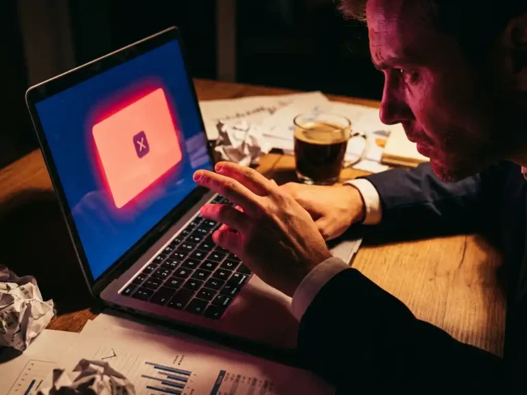 Geschäftsmann mit besorgtem Gesichtsausdruck vor Laptop mit roter Warnmeldung, Kaffeetasse und Finanzdokumente auf dunklem Holztisch