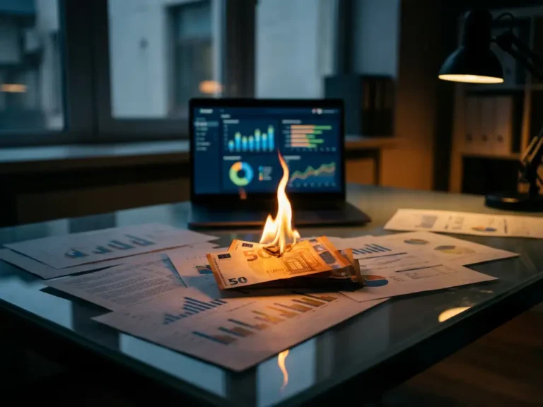 Euro-Banknoten brennen auf Glastisch neben Laptop mit Werbe-Dashboard, dramatische Beleuchtung symbolisiert Marketing-Budget-Verluste