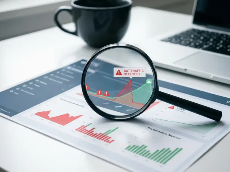 Lupe über Analytics-Dashboard mit Bot-Traffic-Mustern, roten und grünen Leistungsgraphen, Laptop und Kaffeetasse im Hintergrund.