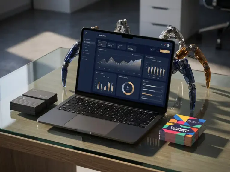Laptop mit Analytics-Dashboard auf Glasschreibtisch, flankiert von B2B- und B2C-Visitenkartenstapeln, mit mechanischen Spinnenbeinen im Hintergrund.