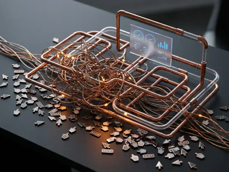 Kupferdraht-Labyrinth auf dunklem Schreibtisch lenkt digitale Signale um, mit verstreuten Click-Tokens und Analytics-Dashboard im Hintergrund.