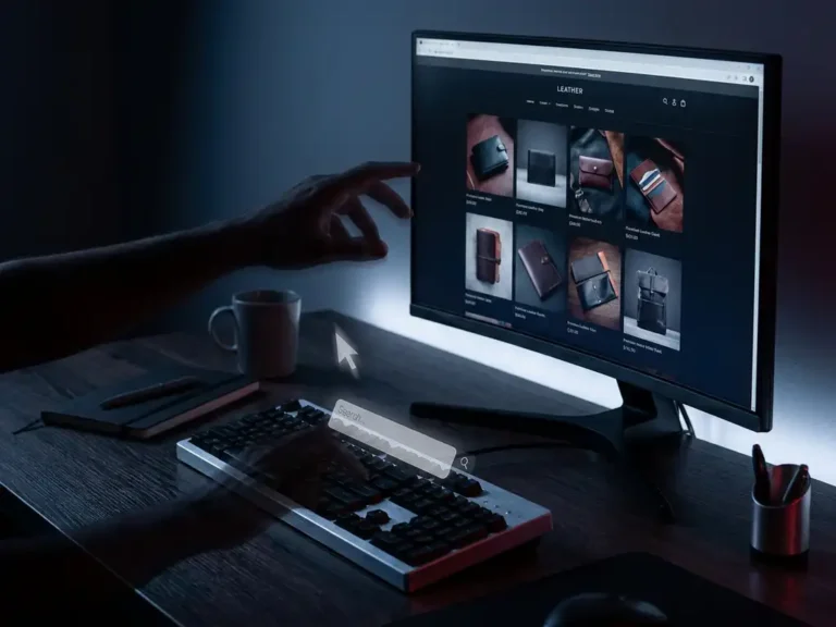 Schattenhafte Hand greift nach leuchtendem E-Commerce-Produktbildschirm, zweiter Geister-Cursor über Suchleiste, dramatische Marine- und Rottöne.