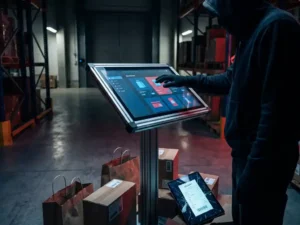 Vermummte Person greift nach leuchtendem E-Commerce-Display in dunklem Lager, umgeben von Einkaufstaschen und zerrissenem Kassenbon.