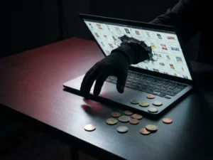 Behandschuhte Hand greift durch rissigen Laptop-Bildschirm auf Google-Shopping-Raster, Euromünzen auf modernem Schreibtisch verstreut.