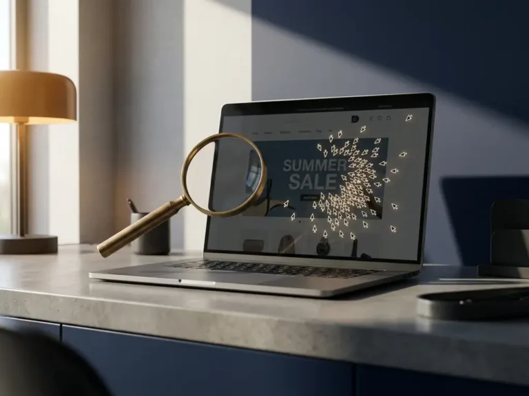Lupe über Laptop mit E-Commerce-Shop, darunter unnatürlich gehäufte Cursor-Pfeile auf einem Werbebanner als Symbol für Click-Fraud.