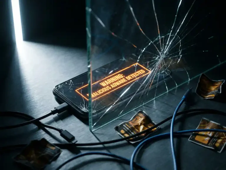 Smartphone mit betrügerischer Werbeanzeige hinter gebrochenem Glas auf dunklem Schreibtisch, umgeben von digitalen Ad-Bannern und Kabeln.