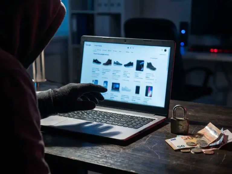 Vermummte Person mit Hand über leuchtendem Laptop mit Google Shopping, zerbrochenes Vorhängeschloss und Euroscheine auf dunklem Schreibtisch.