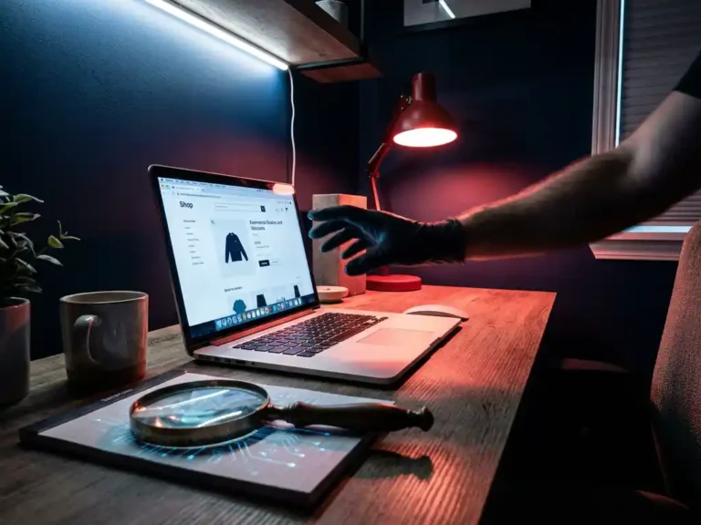 Schattenhafte Hand greift nach leuchtendem Laptop mit Online-Shop, Lupe mit Bot-Spuren auf modernem Schreibtisch.