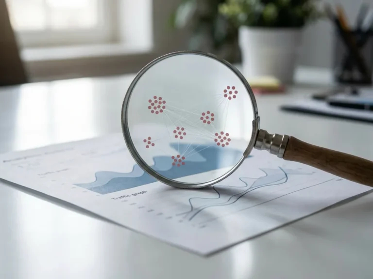 Lupe über Analytics-Dashboard mit verdächtigen Datenpunkten und feinen Verbindungslinien, die Bot-Traffic-Muster aufdecken.